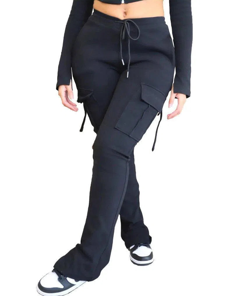 Women's Casual Tight Sportswear Multi-pocket Overalls With Coat And Cap Suit Pants-Black pants-19