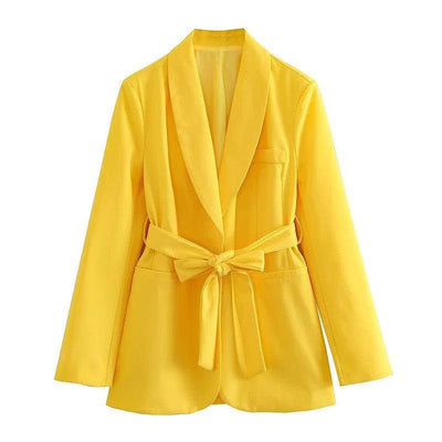 Women's Clothing With Belt Casual Suit Jacket Pants-Yellow Suit-9