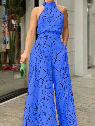 Women's Elegant Waist Halter Jumpsuit Casual Print Tie-Blue-8