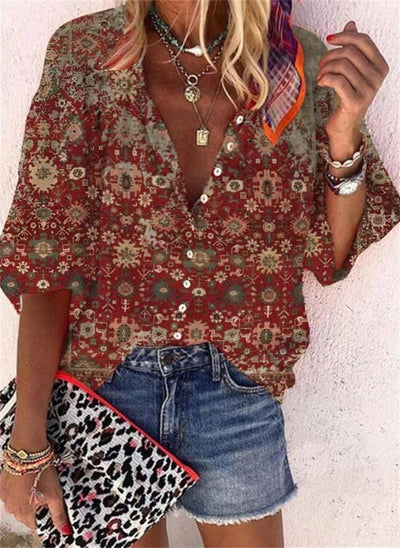 Women's Fashion Stand Collar Loose Button Vintage Printed-3