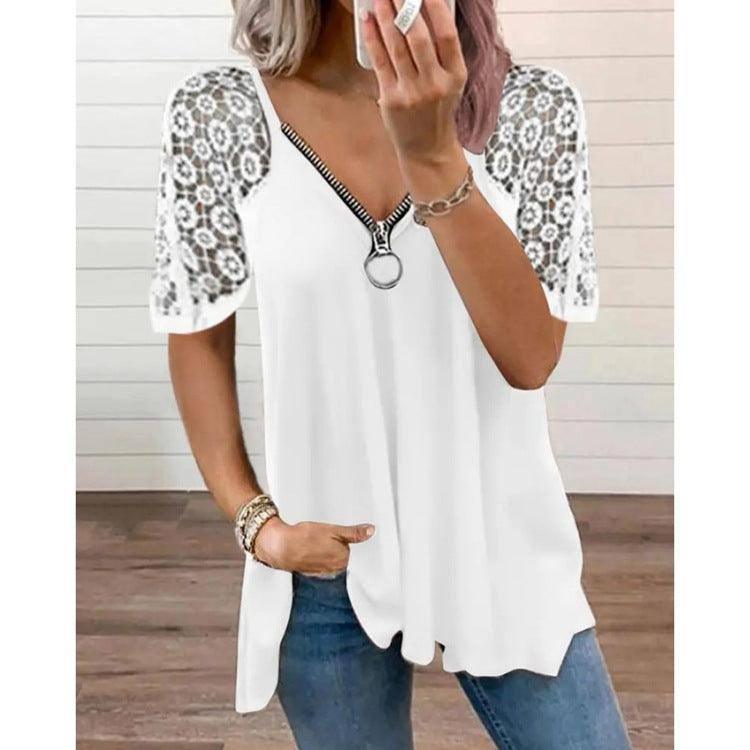 Women's Heart-shaped Pattern Lace Zipper Design T-shirt-White-4