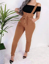 Women's high waist casual jumpsuit suspenders-Khaki-24