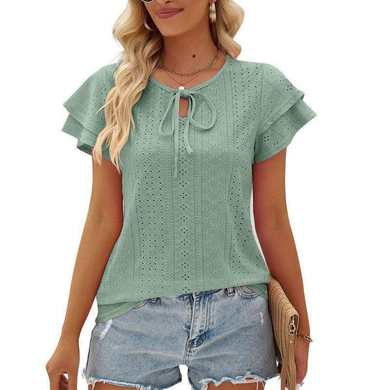 Women's Hole Hollow-out Lace-up Double-layer Sleeve Top-Green-4