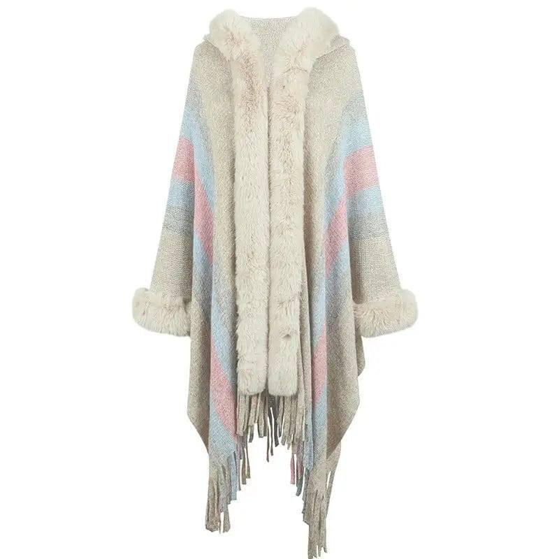 Women's Hooded Cape Autumn And Winter Striped-Apricot-3