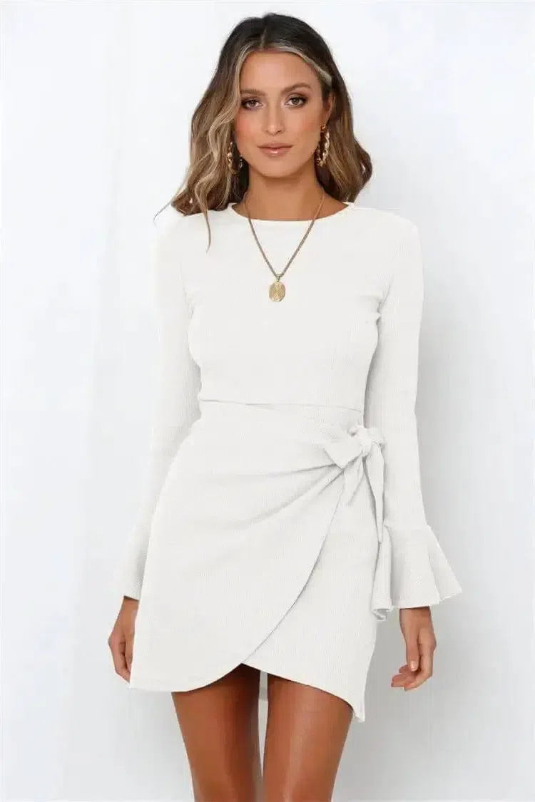 Women's Long Sleeve Dress Ruffle Flared Sleeve Bowknot-Beige-8