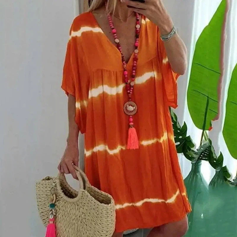 Women's Loose V Neck Striped Tie Dye Print Short Sleeve-Orange-5