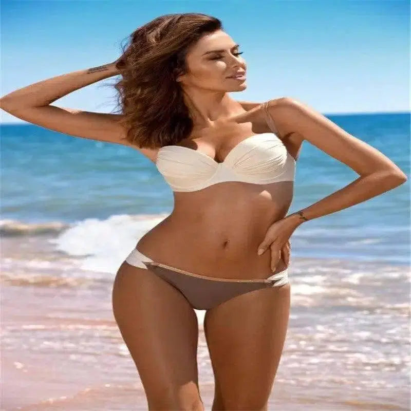 Women's Multicolor Gathered Large Size Bikini Split Swimsuit-offwhite-6