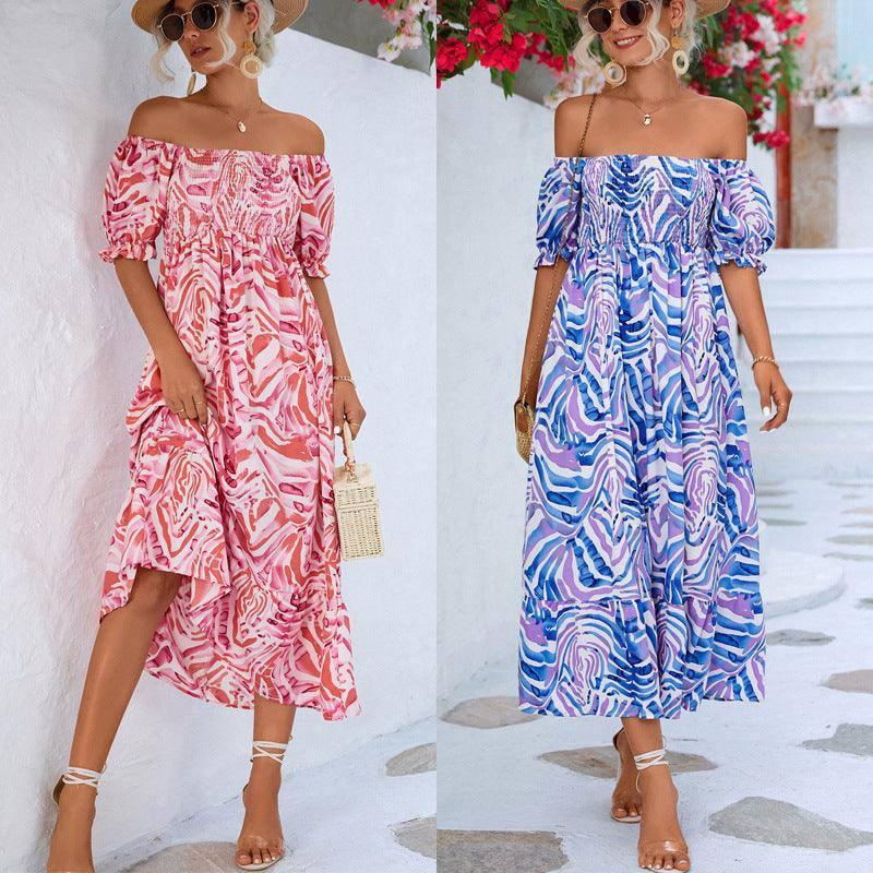 Women's Off-shoulder Smocking Printed Dress-1