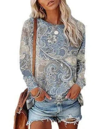 Women's Printed Long-sleeved Pullover Round Neck Top-2