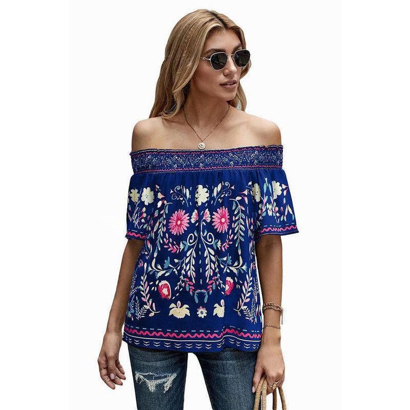 Women's Printed T-shirt Loose Off Shoulder Top-2