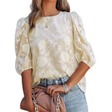 Women's Puff Sleeve Chiffon Loose Top Flower Texture Shirt-3