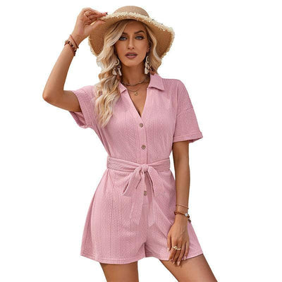 Women's Short-sleeved Shorts Jumpsuit Lace-up Turn-down-S-6