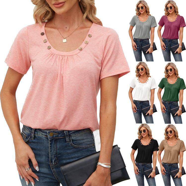 Women's Short-sleeved T-shirt Summer Button Square Collar Pleated Design Solid Color Loose T-shirt Womens Clothing-1