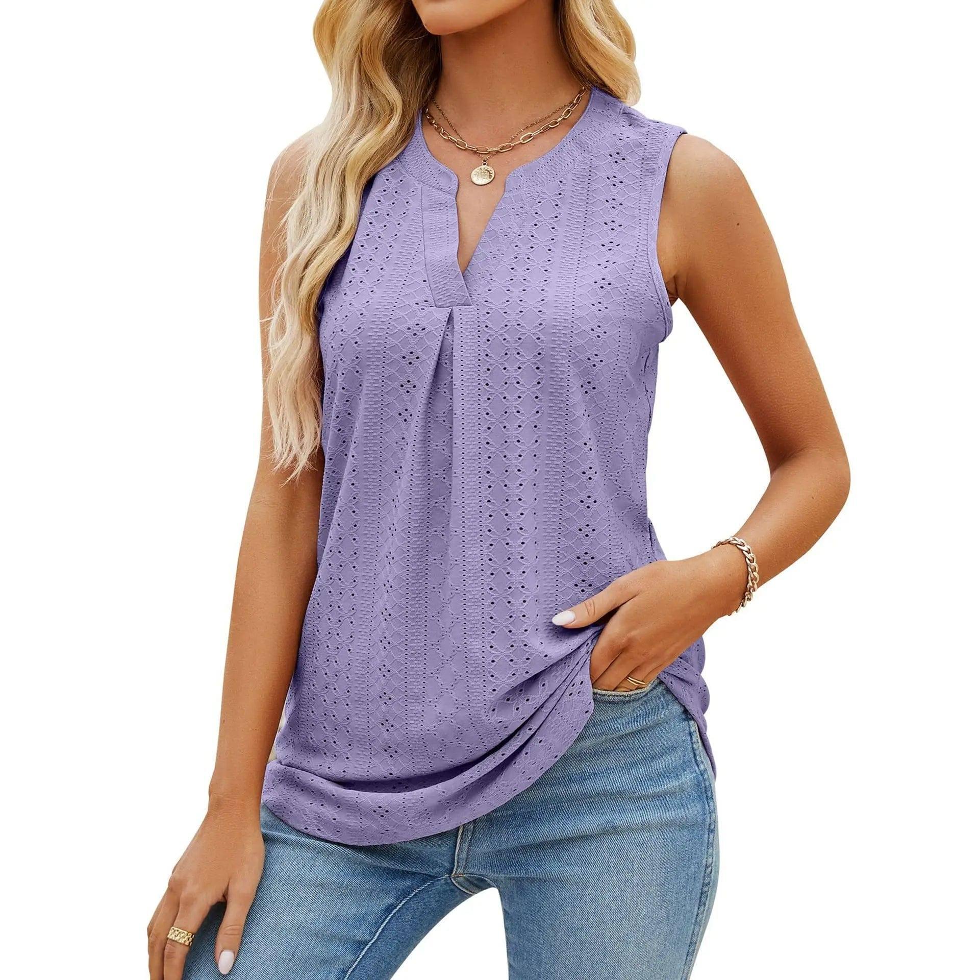 Women's Sleeveless T-shirt Summer Hole V-Neck Slim Fit Tank-Purple-6