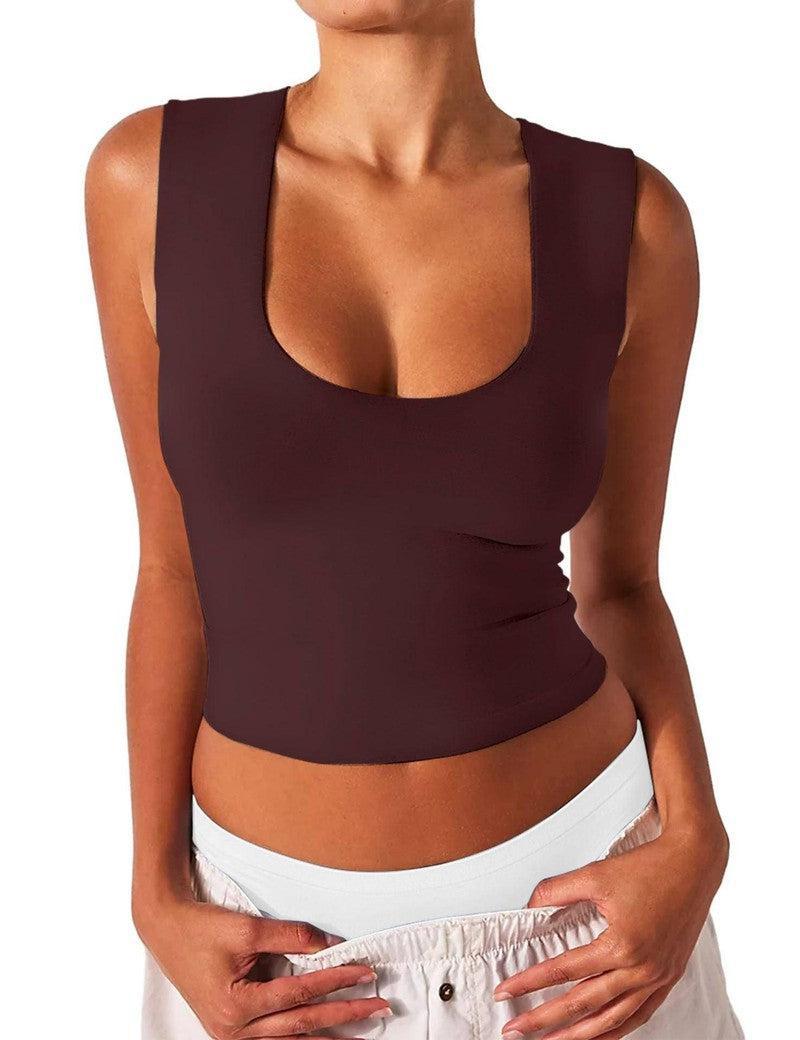 Women's Slim-fit U-neck Sleeveless Vest Top-Maroon-12