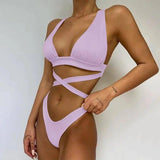 Women's Solid Color Cross Bikini Swimsuit-Purple-6