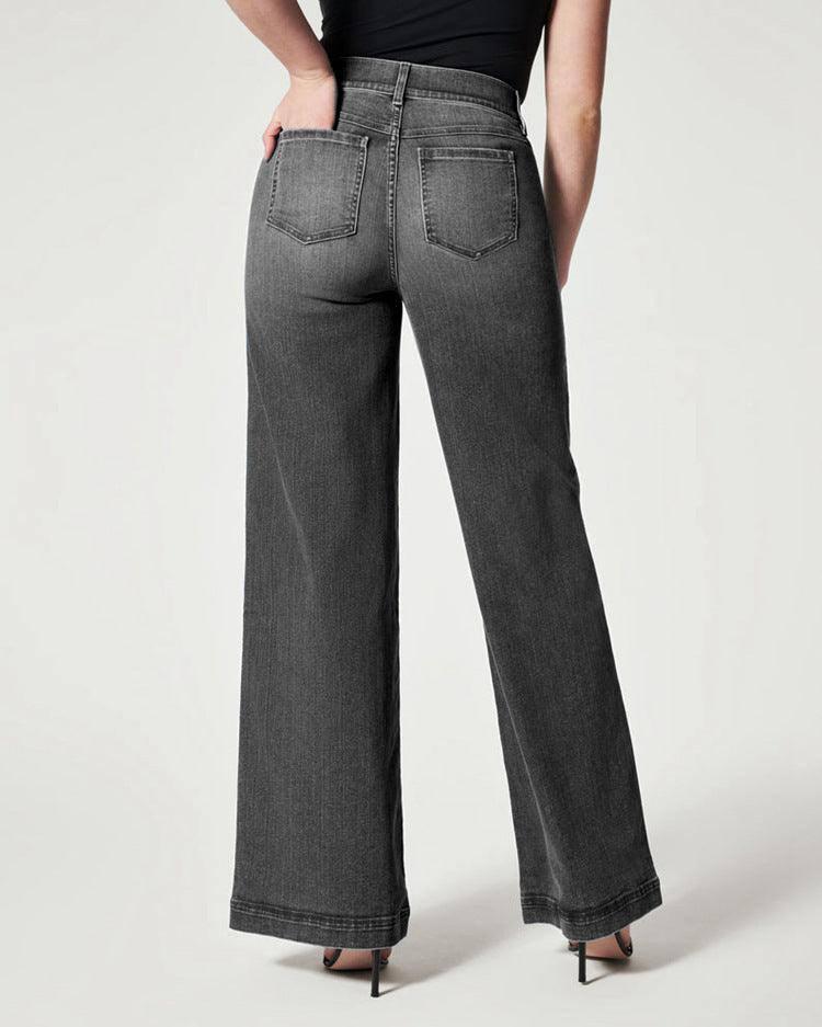 Women's Straight Jeans Mid Waist Wide Leg Pants High Elastic Waist Trousers-3