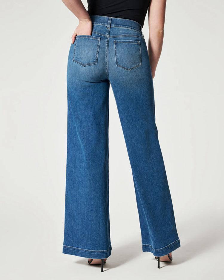 Women's Straight Jeans Mid Waist Wide Leg Pants High Elastic-7