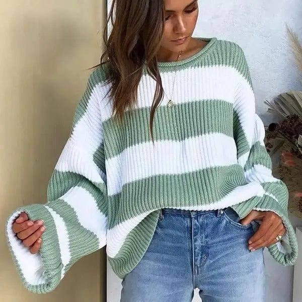 Women's sweater women's striped colorblock sweater-Green-1