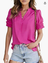 Women's V-neck Casual Short-sleeved Solid Color Chiffon-Rose Red-12