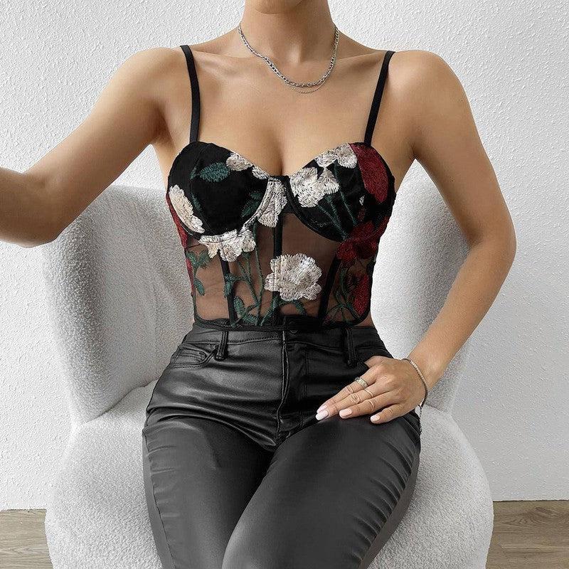 Women's Vest Retro Net Yarn Flowers Embroidered Vest-Black-6