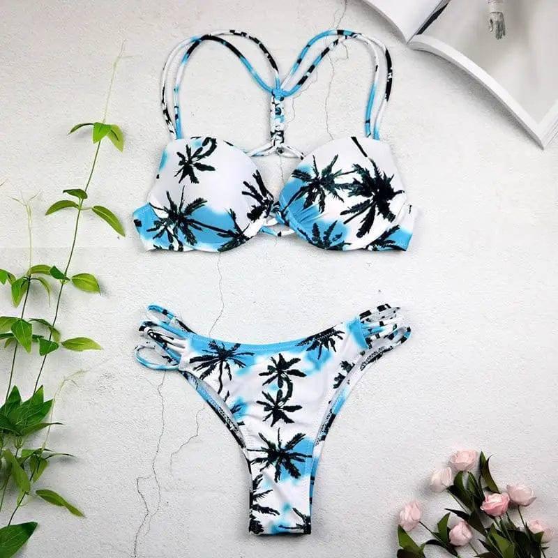 Women Swimwear Leaf Print Bikini Halter Swimsuit-S-2