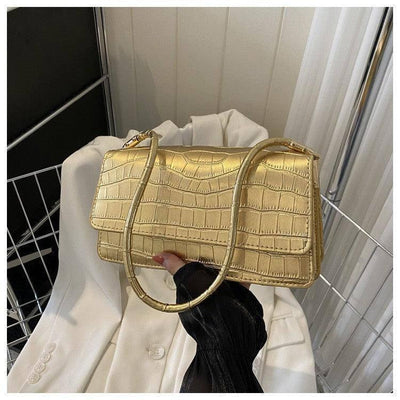 Women Shoulder Bgas Stone Pattern Solid Color Elegant Bag-Gold-12