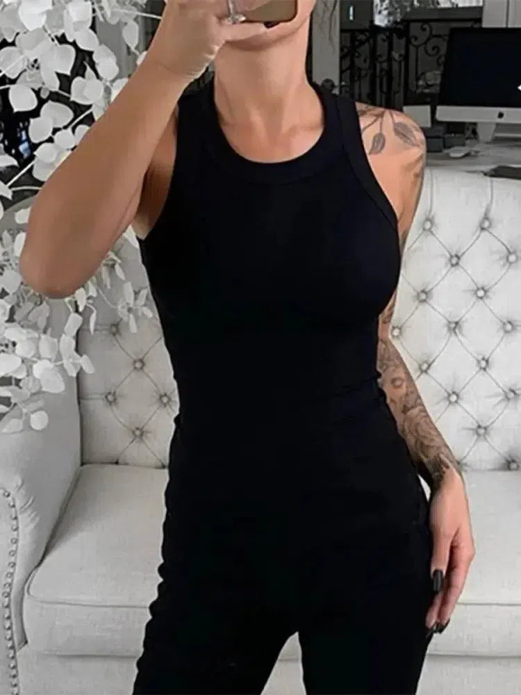 Women Solid Round Neck Ribbed Tank Top Camisole Women Summer-black-9