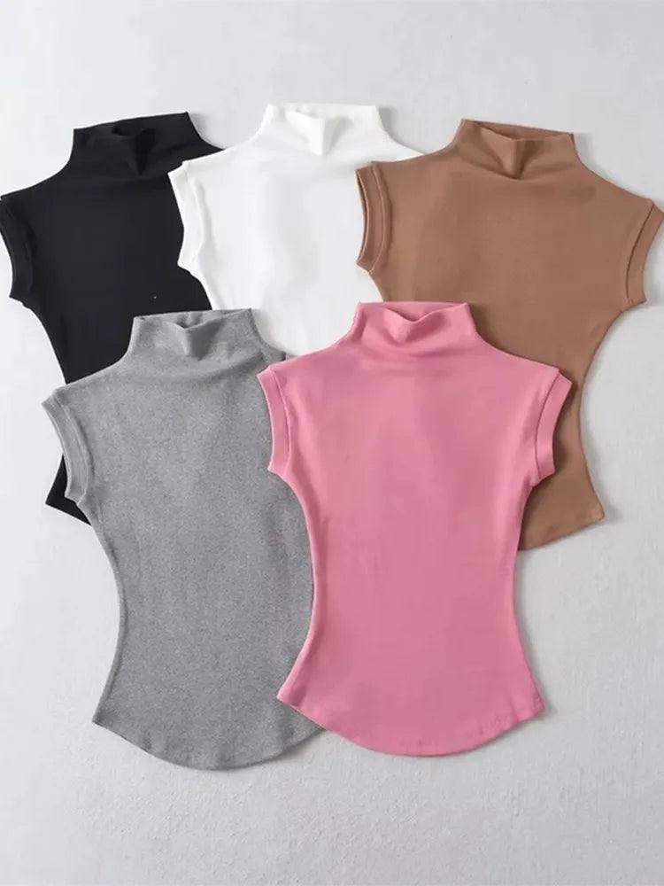 Women Summer Turtleneck Sleeveless T-Shirts Tops Solid-1