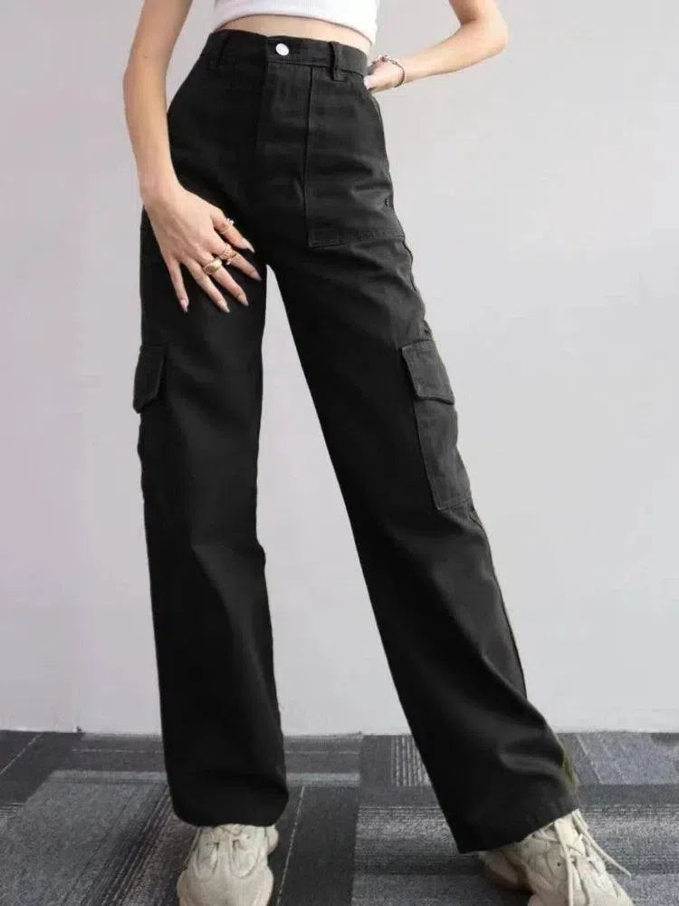 Women Vintage Cargo Pants Streetwear Techwear Korean-Black-3