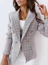 Womens Autumn Top Loose Long Sleeve Plaid Blazer-White-1