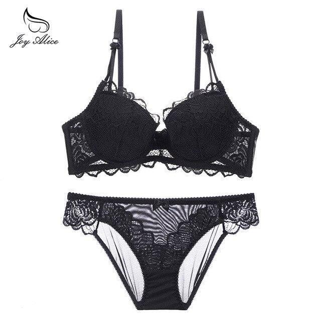 Womens Lace Bra Brief Sets Seamless Push up Bras White Black-black-7