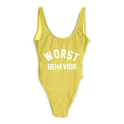 WORST letter printed one-piece swimsuit-Yellow-4