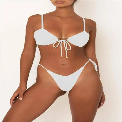 Split bikini with solid color strap-White-10