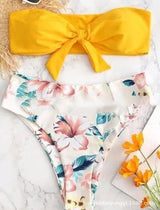 Split Tube Top Print Bikini-Yellow-4