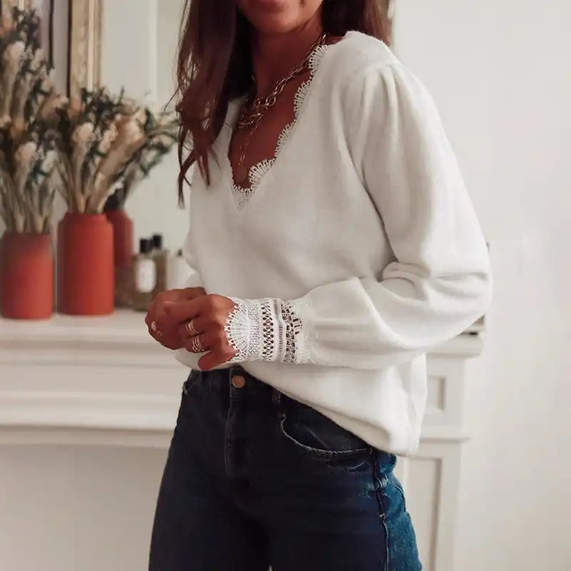 Lace Trim V-Neck Sweater
